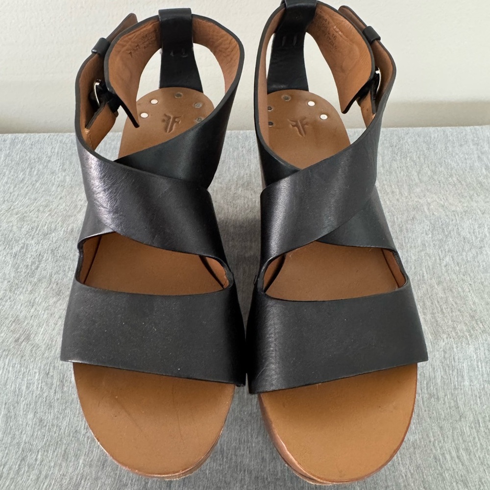 Frye Black Leather Women's Wedges with Wooden platform